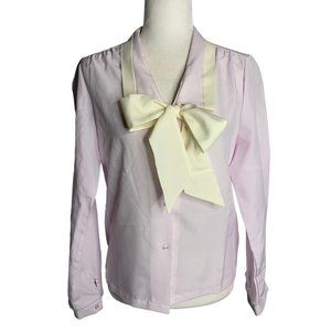 Vintage Button Up Secretary Blouse M Lilac Purple Pussy Bow Long Sleeve Collar